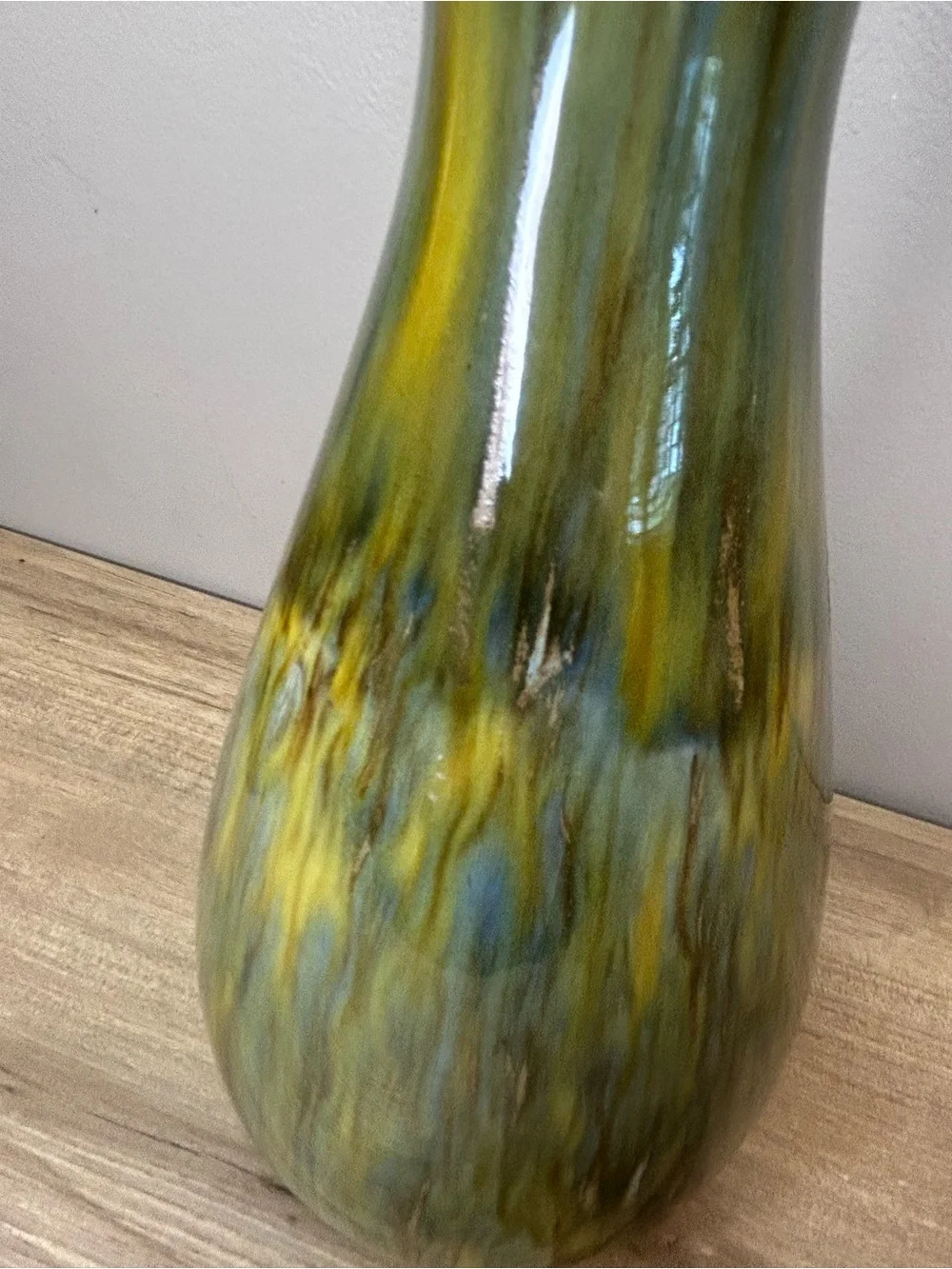 Vintage Green and Yellow Drip-Glaze Hourglass Vase